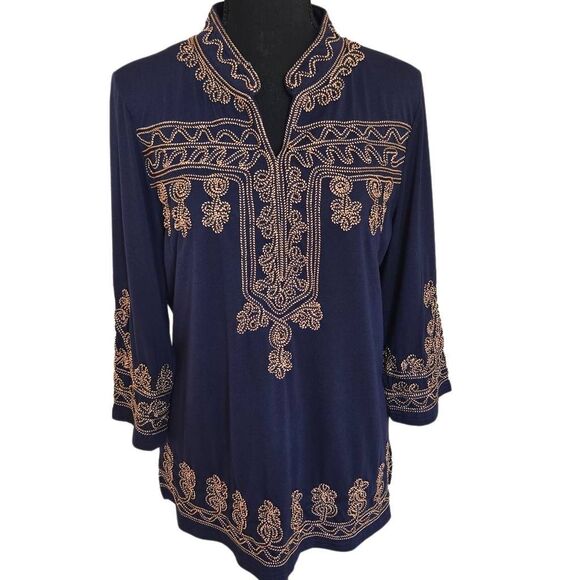 Lauren Michelle Womens Navy Blue Braided Trim Pullover Tunic Blouse Large - Picture 12 of 12